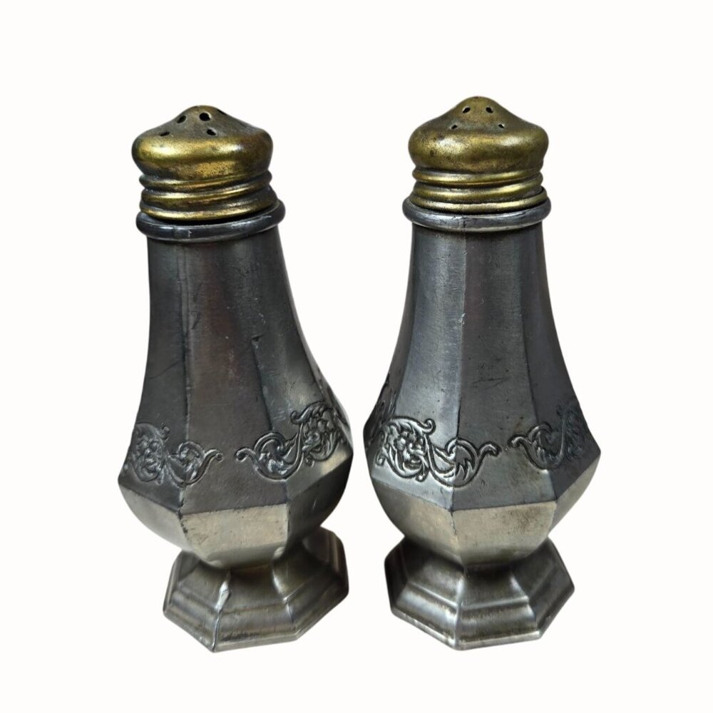 Antique JAPAN Pewter Salt & Pepper Shaker Set With Ornate Floral Detailing & Bra